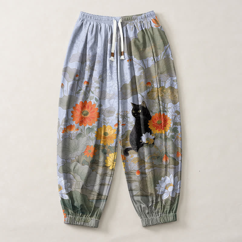 Buddha Stones Pantaloni harem da uomo in puro cotone, stile vintage, con motivo floreale, loto e gatto, con coulisse e tasche. - image 13