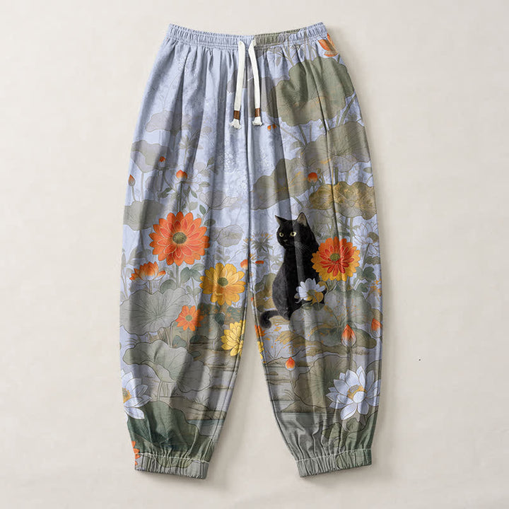 Buddha Stones Pantaloni harem da uomo in puro cotone, stile vintage, con motivo floreale, loto e gatto, con coulisse e tasche. - image 13