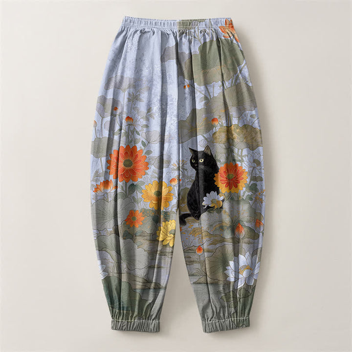 Buddha Stones Pantaloni harem da uomo in puro cotone, stile vintage, con motivo floreale, loto e gatto, con coulisse e tasche. - image 14