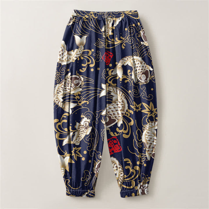Buddha Stones Pantaloni harem da uomo in puro cotone con coulisse e tasche, fantasia a onde marine e pesci koi. - image 8