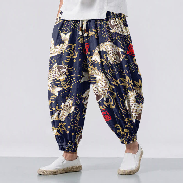 Buddha Stones Pantaloni harem da uomo in puro cotone con coulisse e tasche, fantasia a onde marine e pesci koi. - Marina - US/UK/AU50, EU60 (5XL) - image 6