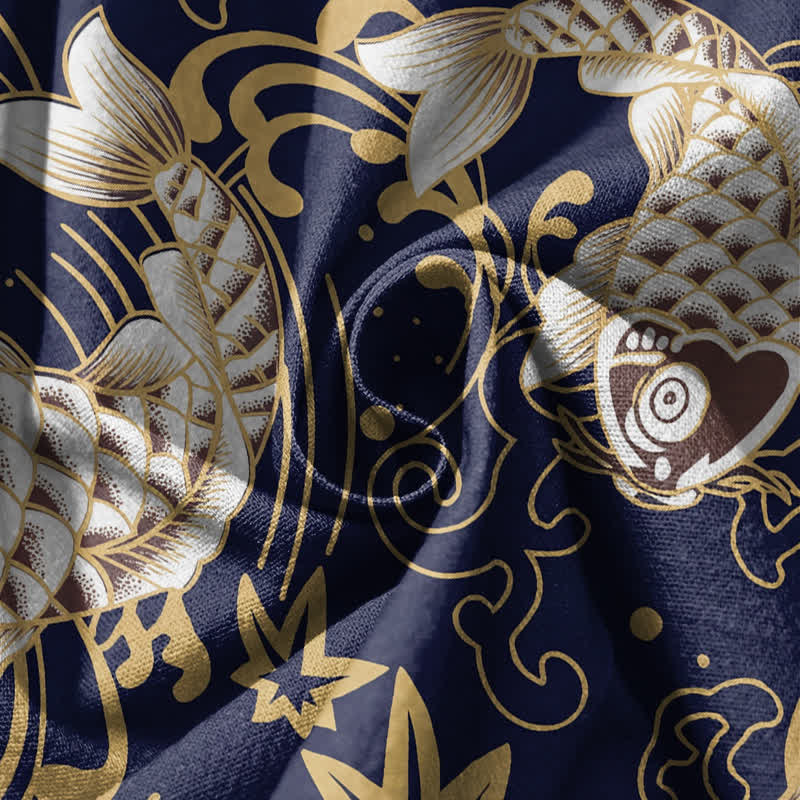 Buddha Stones Pantaloni harem da uomo in puro cotone con coulisse e tasche, fantasia a onde marine e pesci koi. - image 11