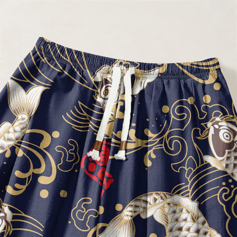 Buddha Stones Pantaloni harem da uomo in puro cotone con coulisse e tasche, fantasia a onde marine e pesci koi. - image 9