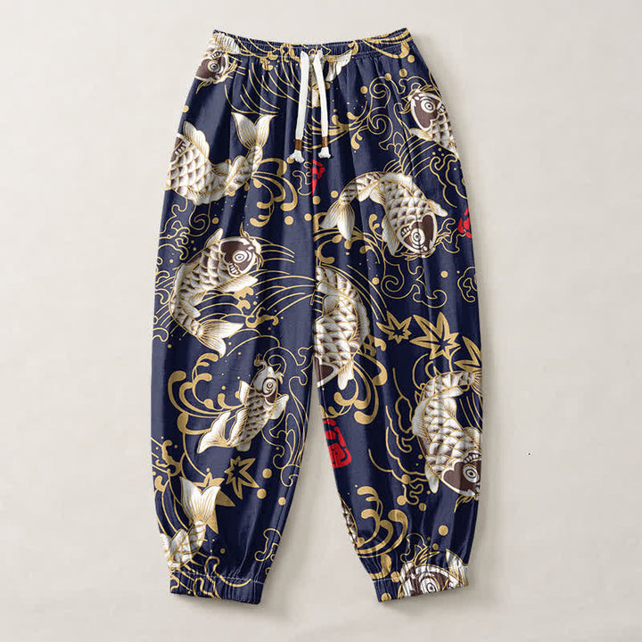 Buddha Stones Pantaloni harem da uomo in puro cotone con coulisse e tasche, fantasia a onde marine e pesci koi. - image 7