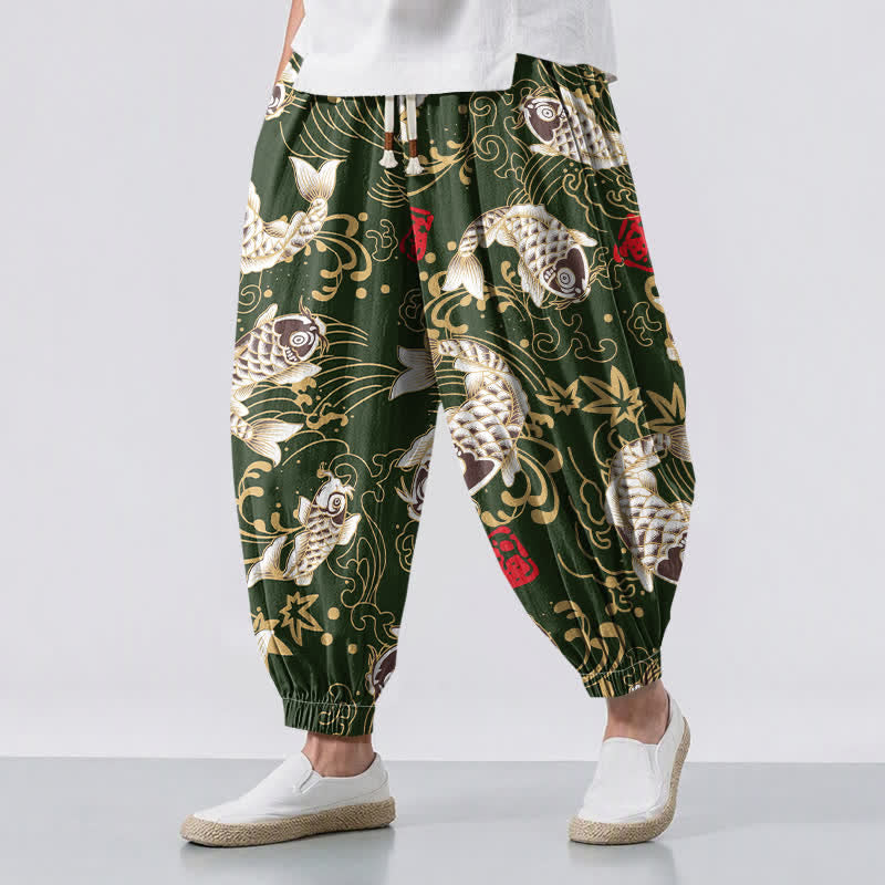 Buddha Stones Pantaloni harem da uomo in puro cotone con coulisse e tasche, fantasia a onde marine e pesci koi. - Verde studentesco - US/UK/AU50, EU60 (5XL) - image 12