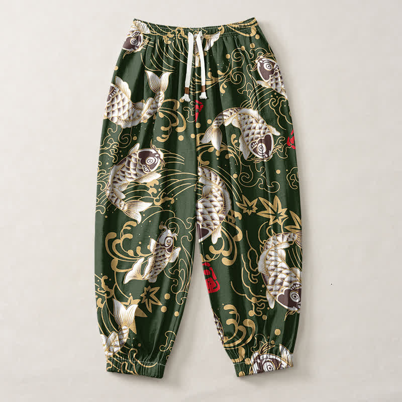 Buddha Stones Pantaloni harem da uomo in puro cotone con coulisse e tasche, fantasia a onde marine e pesci koi. - image 13