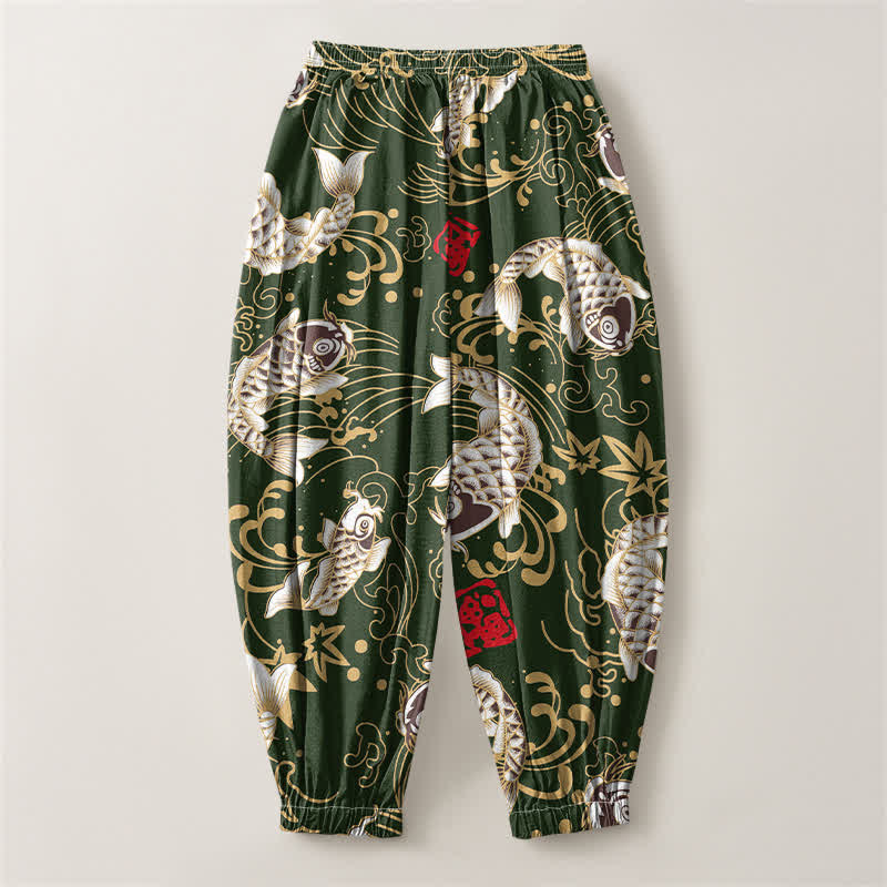 Buddha Stones Pantaloni harem da uomo in puro cotone con coulisse e tasche, fantasia a onde marine e pesci koi. - image 14