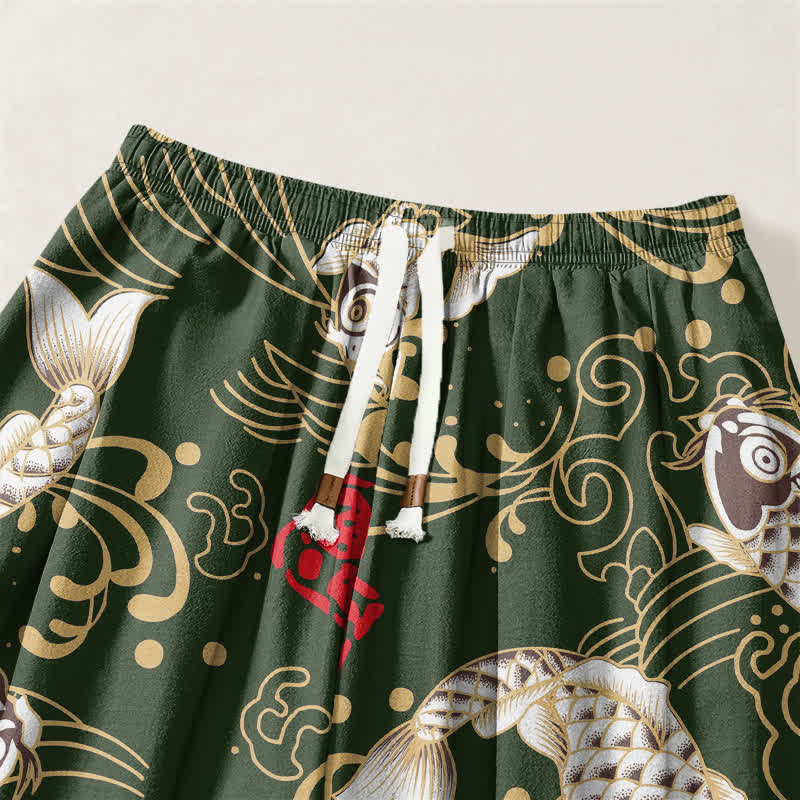 Buddha Stones Pantaloni harem da uomo in puro cotone con coulisse e tasche, fantasia a onde marine e pesci koi. - image 15