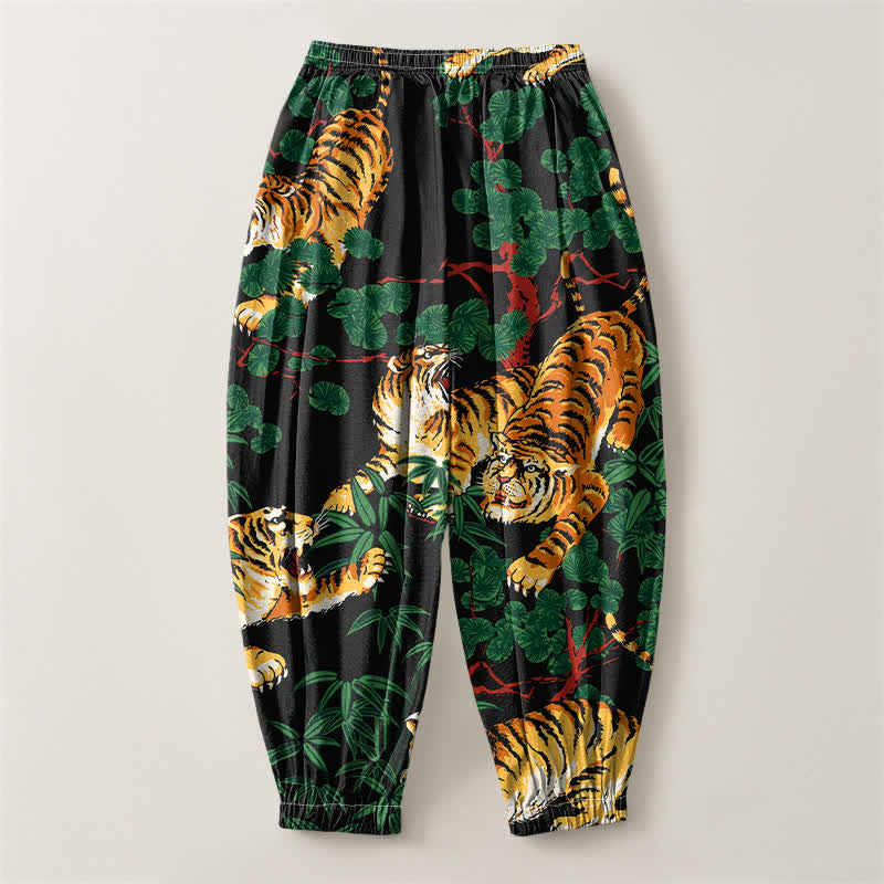 Buddha Stones Pantaloni harem da uomo in puro cotone con coulisse e tasche, fantasia a foglie tropicali e tigre. - image 2