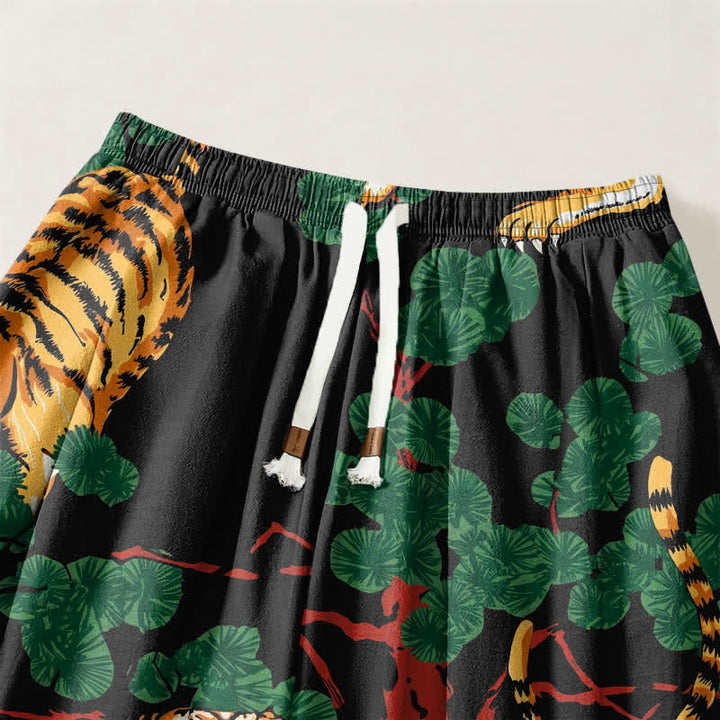 Buddha Stones Pantaloni harem da uomo in puro cotone con coulisse e tasche, fantasia a foglie tropicali e tigre. - image 3