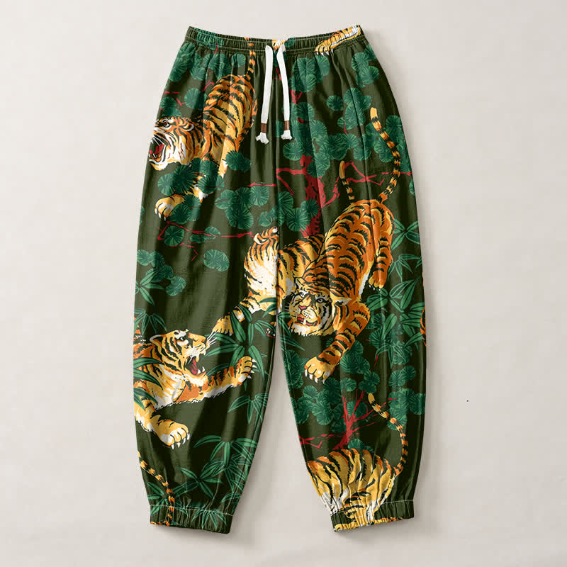 Buddha Stones Pantaloni harem da uomo in puro cotone con coulisse e tasche, fantasia a foglie tropicali e tigre. - image 7