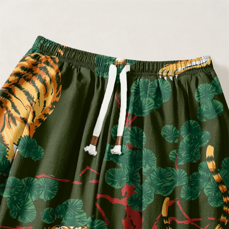Buddha Stones Pantaloni harem da uomo in puro cotone con coulisse e tasche, fantasia a foglie tropicali e tigre. - image 9