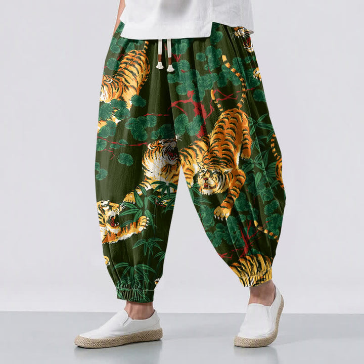 Buddha Stones Pantaloni harem da uomo in puro cotone con coulisse e tasche, fantasia a foglie tropicali e tigre. - Verde studentesco - US/UK/AU50, EU60 (5XL) - image 6