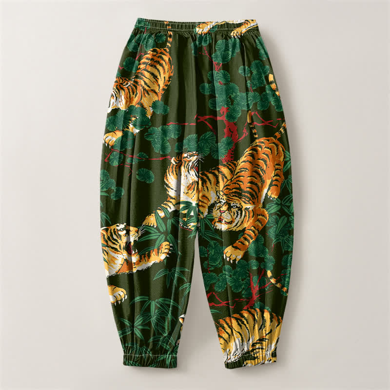 Buddha Stones Pantaloni harem da uomo in puro cotone con coulisse e tasche, fantasia a foglie tropicali e tigre. - image 8