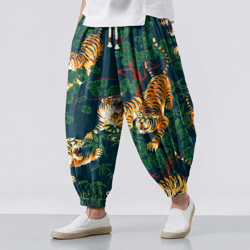 Buddha Stones Pantaloni harem da uomo in puro cotone con coulisse e tasche, fantasia a foglie tropicali e tigre. - Verde acqua - US/UK/AU50, EU60 (5XL) - image 12
