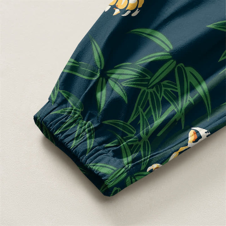 Buddha Stones Pantaloni harem da uomo in puro cotone con coulisse e tasche, fantasia a foglie tropicali e tigre. - image 16