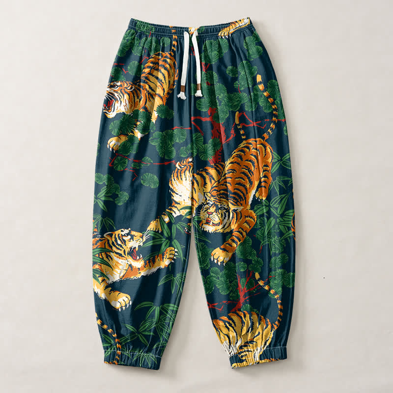 Buddha Stones Pantaloni harem da uomo in puro cotone con coulisse e tasche, fantasia a foglie tropicali e tigre. - image 13