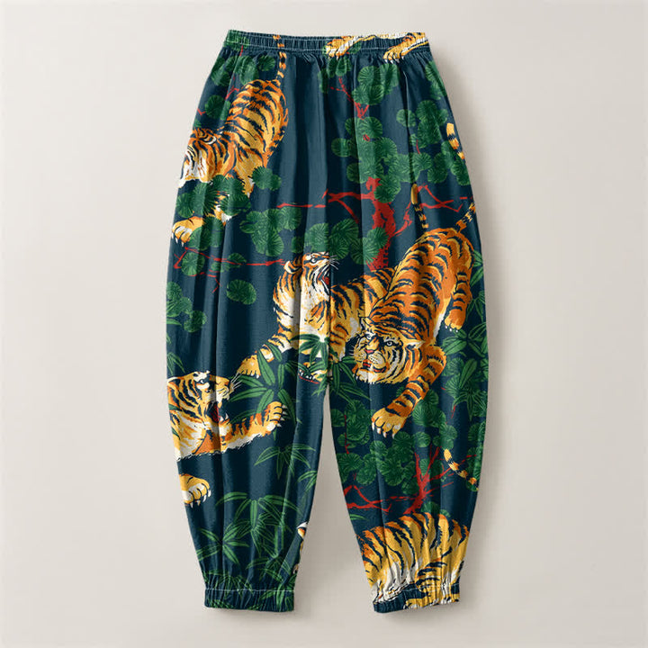 Buddha Stones Pantaloni harem da uomo in puro cotone con coulisse e tasche, fantasia a foglie tropicali e tigre. - image 14