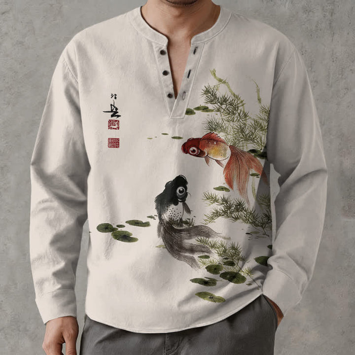 Buddha Stones Camicia da uomo a maniche lunghe con scollo a V e bottoni, in cotone, con motivo di carpe koi, foglie di loto, erba e inchiostro. - Biancheria - US/UK/AU48, EU58 (4XL) - image 0