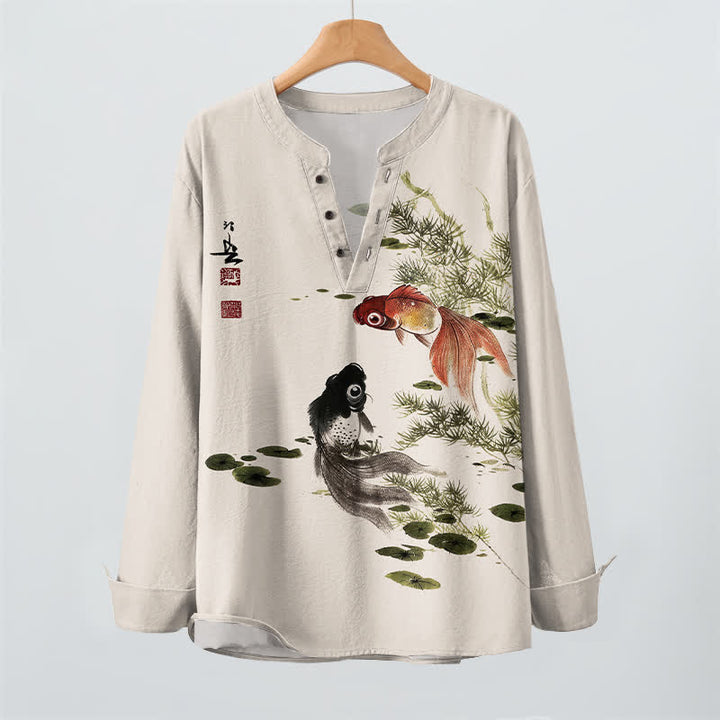 Buddha Stones Camicia da uomo a maniche lunghe con scollo a V e bottoni, in cotone, con motivo di carpe koi, foglie di loto, erba e inchiostro. - image 2