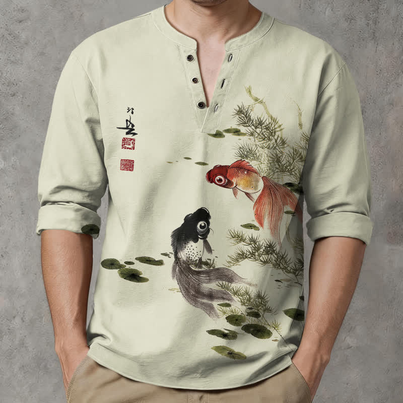 Buddha Stones Camicia da uomo a maniche lunghe con scollo a V e bottoni, in cotone, con motivo di carpe koi, foglie di loto, erba e inchiostro. - image 8