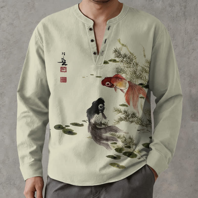 Buddha Stones Camicia da uomo a maniche lunghe con scollo a V e bottoni, in cotone, con motivo di carpe koi, foglie di loto, erba e inchiostro. - Melata - US/UK/AU48, EU58 (4XL) - image 7