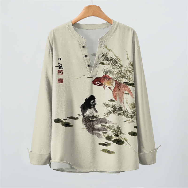 Buddha Stones Camicia da uomo a maniche lunghe con scollo a V e bottoni, in cotone, con motivo di carpe koi, foglie di loto, erba e inchiostro. - image 9
