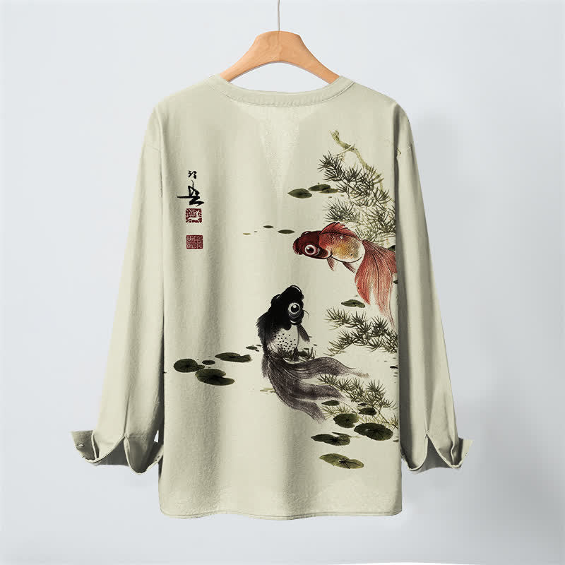 Buddha Stones Camicia da uomo a maniche lunghe con scollo a V e bottoni, in cotone, con motivo di carpe koi, foglie di loto, erba e inchiostro. - image 10