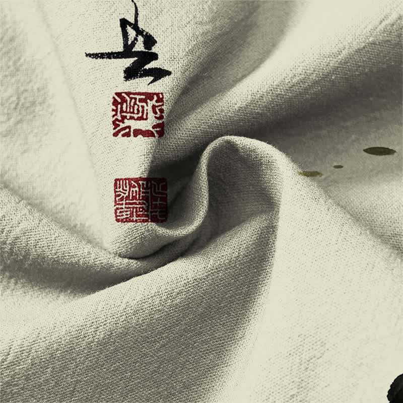 Buddha Stones Camicia da uomo a maniche lunghe con scollo a V e bottoni, in cotone, con motivo di carpe koi, foglie di loto, erba e inchiostro. - image 13