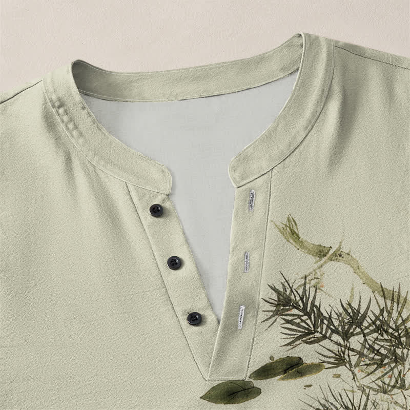 Buddha Stones Camicia da uomo a maniche lunghe con scollo a V e bottoni, in cotone, con motivo di carpe koi, foglie di loto, erba e inchiostro. - image 11