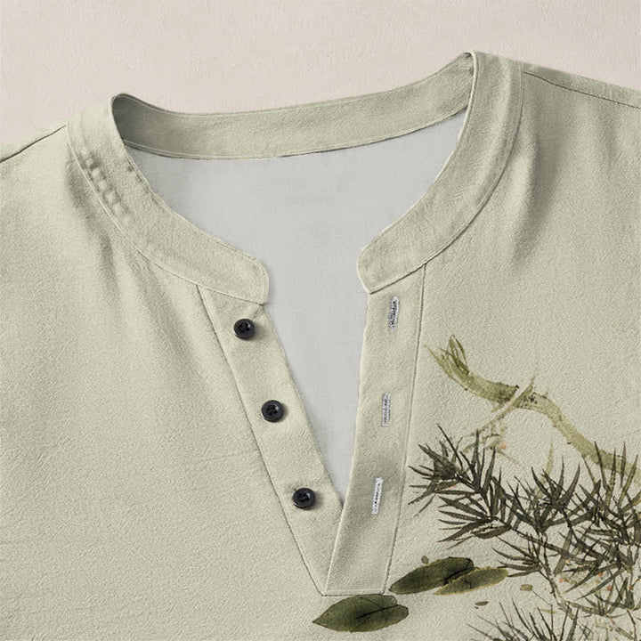 Buddha Stones Camicia da uomo a maniche lunghe con scollo a V e bottoni, in cotone, con motivo di carpe koi, foglie di loto, erba e inchiostro. - image 11
