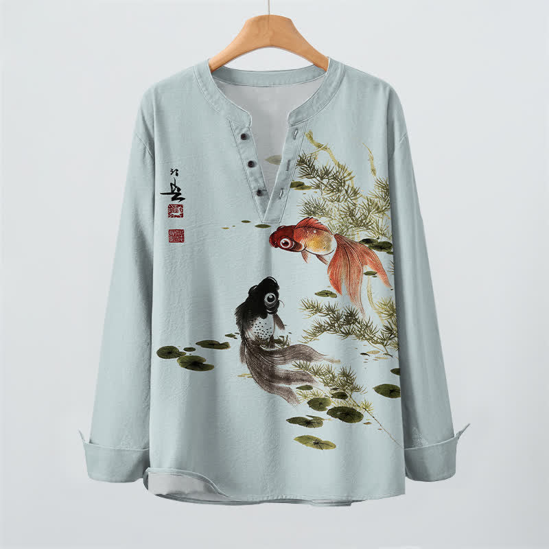 Buddha Stones Camicia da uomo a maniche lunghe con scollo a V e bottoni, in cotone, con motivo di carpe koi, foglie di loto, erba e inchiostro. - image 16