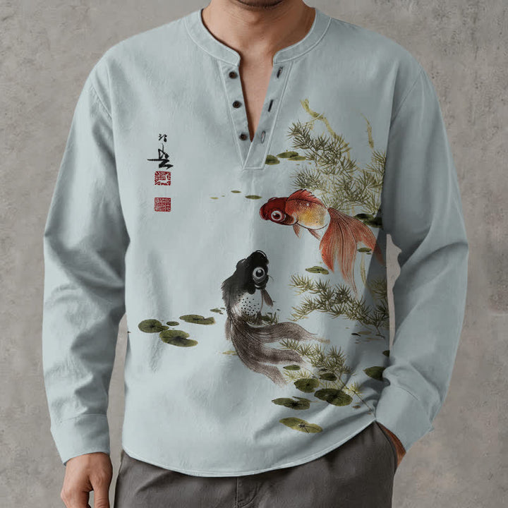 Buddha Stones Camicia da uomo a maniche lunghe con scollo a V e bottoni, in cotone, con motivo di carpe koi, foglie di loto, erba e inchiostro. - Azzurro chiaro - US/UK/AU48, EU58 (4XL) - image 14