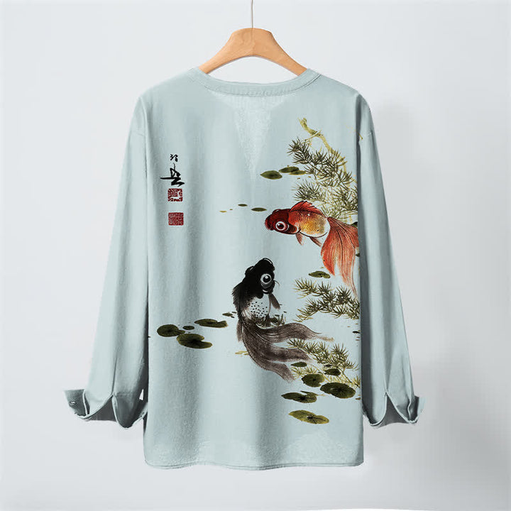Buddha Stones Camicia da uomo a maniche lunghe con scollo a V e bottoni, in cotone, con motivo di carpe koi, foglie di loto, erba e inchiostro. - image 17