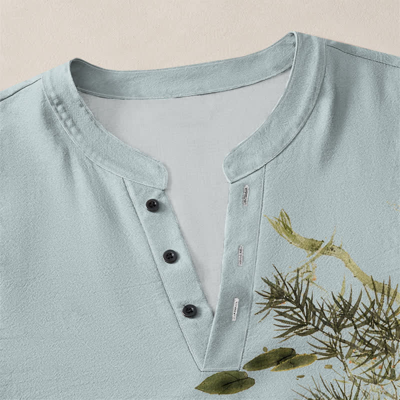 Buddha Stones Camicia da uomo a maniche lunghe con scollo a V e bottoni, in cotone, con motivo di carpe koi, foglie di loto, erba e inchiostro. - image 18