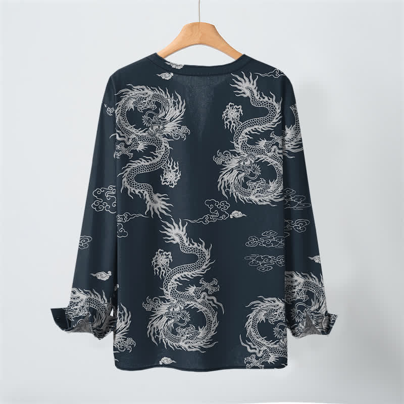 Buddha Stones Camicia da uomo a maniche lunghe con scollo a V e bottoni, in cotone, con motivo drago e nuvole in stile orientale bianco. - image 3