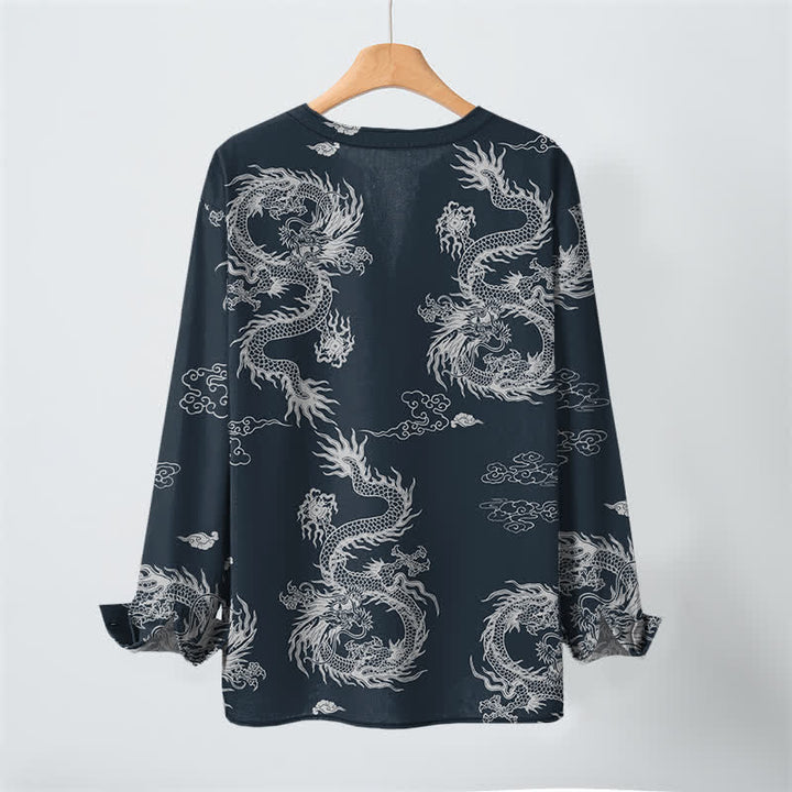Buddha Stones Camicia da uomo a maniche lunghe con scollo a V e bottoni, in cotone, con motivo drago e nuvole in stile orientale bianco. - image 3