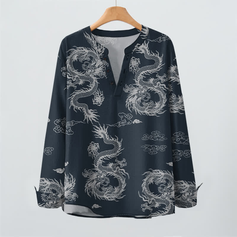 Buddha Stones Camicia da uomo a maniche lunghe con scollo a V e bottoni, in cotone, con motivo drago e nuvole in stile orientale bianco. - image 2