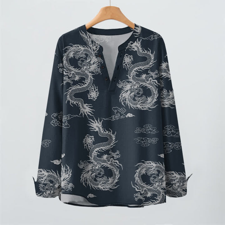 Buddha Stones Camicia da uomo a maniche lunghe con scollo a V e bottoni, in cotone, con motivo drago e nuvole in stile orientale bianco. - image 2