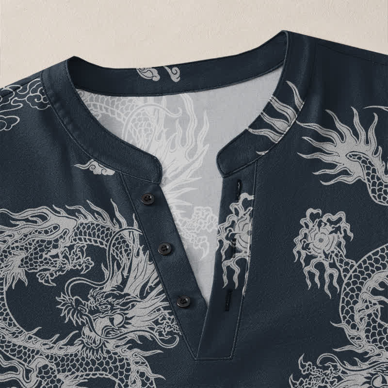 Buddha Stones Camicia da uomo a maniche lunghe con scollo a V e bottoni, in cotone, con motivo drago e nuvole in stile orientale bianco. - image 4