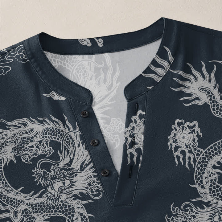 Buddha Stones Camicia da uomo a maniche lunghe con scollo a V e bottoni, in cotone, con motivo drago e nuvole in stile orientale bianco. - image 4