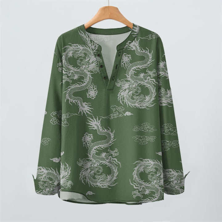 Buddha Stones Camicia da uomo a maniche lunghe con scollo a V e bottoni, in cotone, con motivo drago e nuvole in stile orientale bianco. - image 9