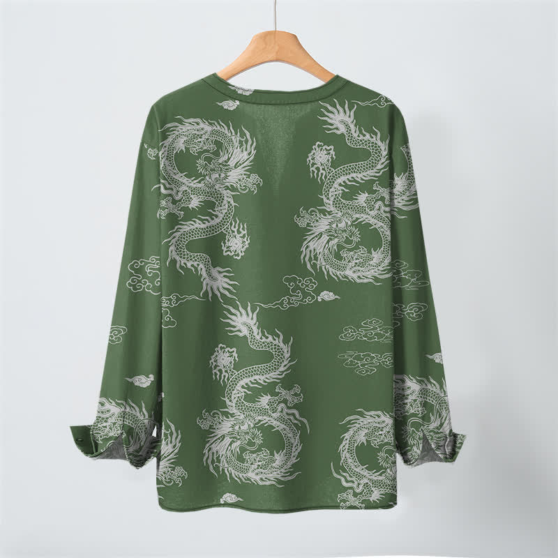 Buddha Stones Camicia da uomo a maniche lunghe con scollo a V e bottoni, in cotone, con motivo drago e nuvole in stile orientale bianco. - image 10