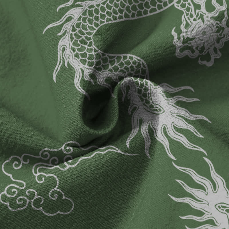 Buddha Stones Camicia da uomo a maniche lunghe con scollo a V e bottoni, in cotone, con motivo drago e nuvole in stile orientale bianco. - image 13