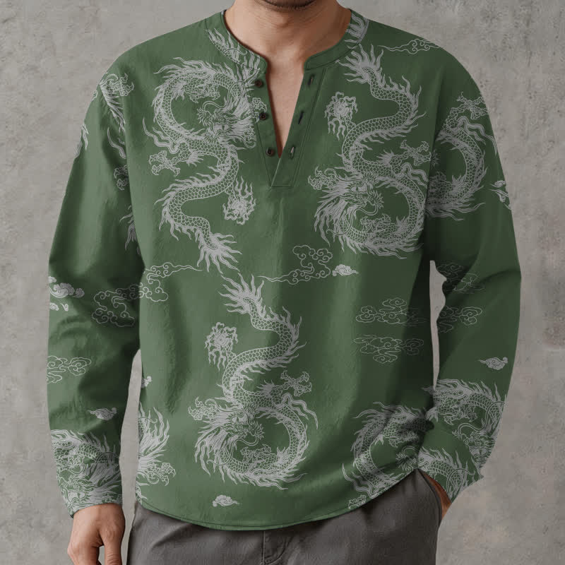 Buddha Stones Camicia da uomo a maniche lunghe con scollo a V e bottoni, in cotone, con motivo drago e nuvole in stile orientale bianco. - image 8