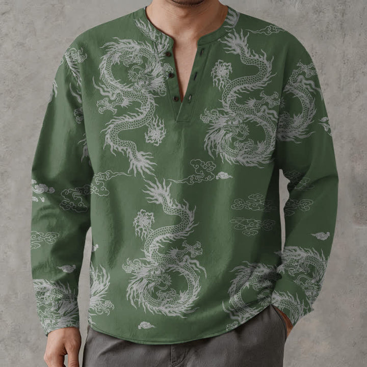 Buddha Stones Camicia da uomo a maniche lunghe con scollo a V e bottoni, in cotone, con motivo drago e nuvole in stile orientale bianco. - image 8