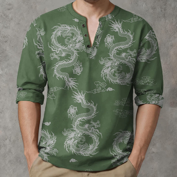 Buddha Stones Camicia da uomo a maniche lunghe con scollo a V e bottoni, in cotone, con motivo drago e nuvole in stile orientale bianco. - Verde oliva - US/UK/AU48, EU58 (4XL) - image 7