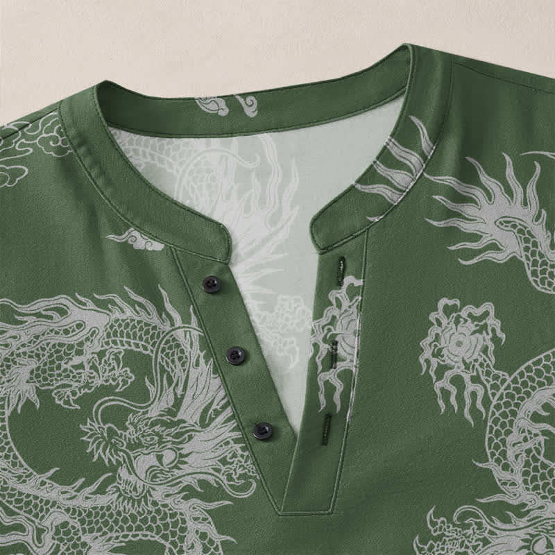Buddha Stones Camicia da uomo a maniche lunghe con scollo a V e bottoni, in cotone, con motivo drago e nuvole in stile orientale bianco. - image 11