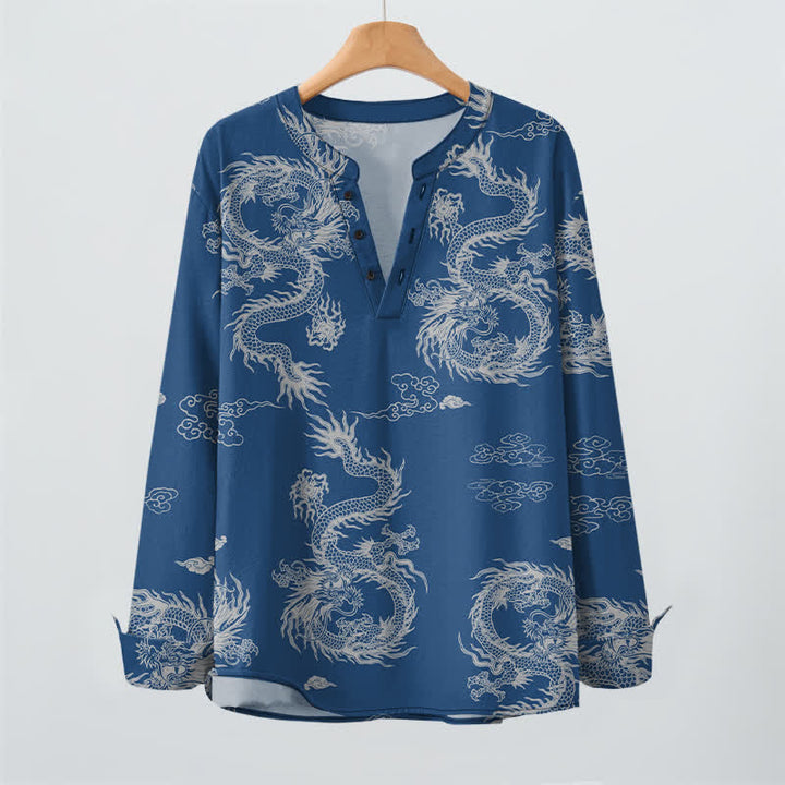 Buddha Stones Camicia da uomo a maniche lunghe con scollo a V e bottoni, in cotone, con motivo drago e nuvole in stile orientale bianco. - image 16