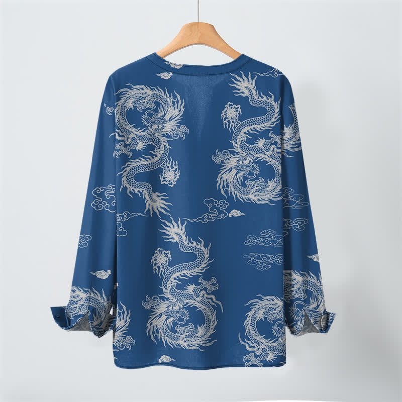 Buddha Stones Camicia da uomo a maniche lunghe con scollo a V e bottoni, in cotone, con motivo drago e nuvole in stile orientale bianco. - image 17
